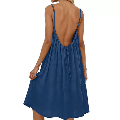 auracami Women's Denim Blue Backless Spaghetti Strap Summer Dress